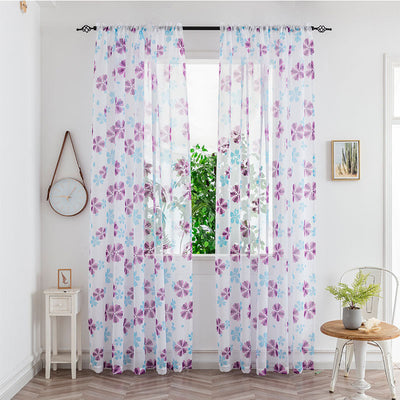 Sheer white mesh curtains with purple and light blue floral patterns, hung on a black rod in a bright room. - Image 24