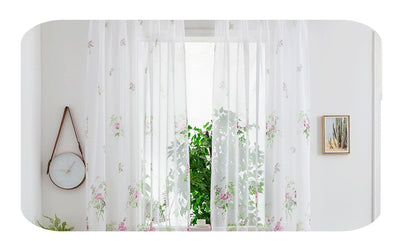 Sheer white mesh curtains with purple and light blue floral patterns, hung on a black rod in a bright room. - Image 25