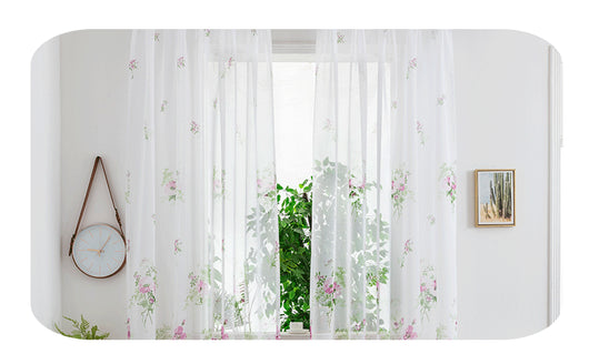 Sheer white mesh curtains with purple and light blue floral patterns, hung on a black rod in a bright room. - Image 25