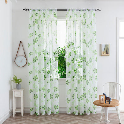 Sheer white mesh curtains with purple and light blue floral patterns, hung on a black rod in a bright room. - Image 26
