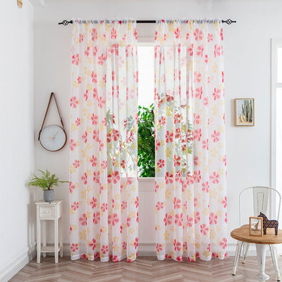 Sheer white mesh curtains with purple and light blue floral patterns, hung on a black rod in a bright room. - Image 27