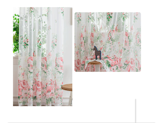 Sheer white mesh curtains with purple and light blue floral patterns, hung on a black rod in a bright room. - Image 28