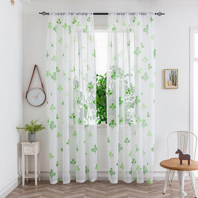 Sheer white mesh curtains with purple and light blue floral patterns, hung on a black rod in a bright room. - Image 29
