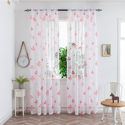 Sheer white mesh curtains with purple and light blue floral patterns, hung on a black rod in a bright room. - Image 30