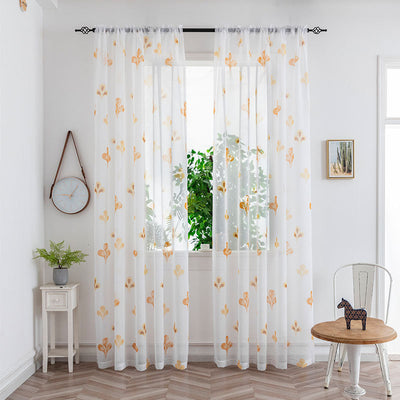 Sheer white mesh curtains with purple and light blue floral patterns, hung on a black rod in a bright room. - Image 31