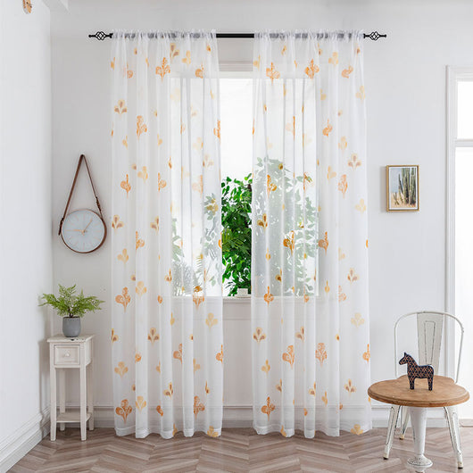Sheer white mesh curtains with purple and light blue floral patterns, hung on a black rod in a bright room. - Image 31
