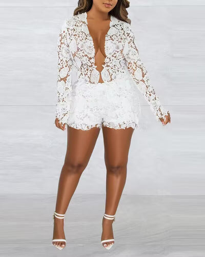 Conjunto Dos Piezas Calado Minimalista - Blusa Manga Larga y Shorts - Image 8