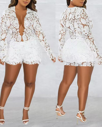 Conjunto Dos Piezas Calado Minimalista - Blusa Manga Larga y Shorts - Image 9