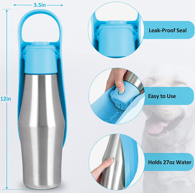Portable pet water bottle with a stainless steel body and a gray silicone leaf-design drinking bowl and handle. - Image 9