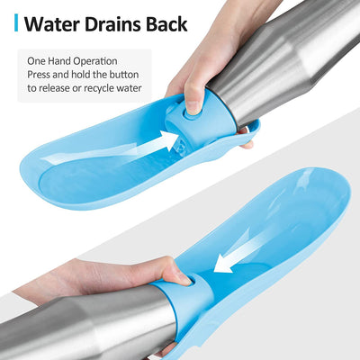 Portable pet water bottle with a stainless steel body and a gray silicone leaf-design drinking bowl and handle. - Image 11