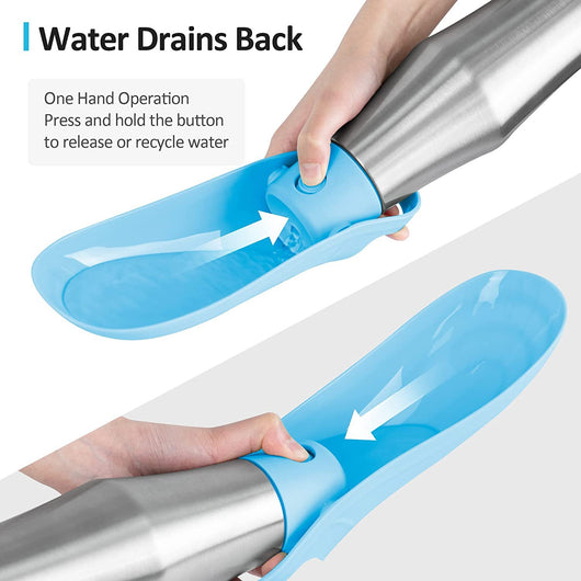 Portable pet water bottle with a stainless steel body and a gray silicone leaf-design drinking bowl and handle. - Image 11
