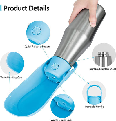 Portable pet water bottle with a stainless steel body and a gray silicone leaf-design drinking bowl and handle. - Image 12