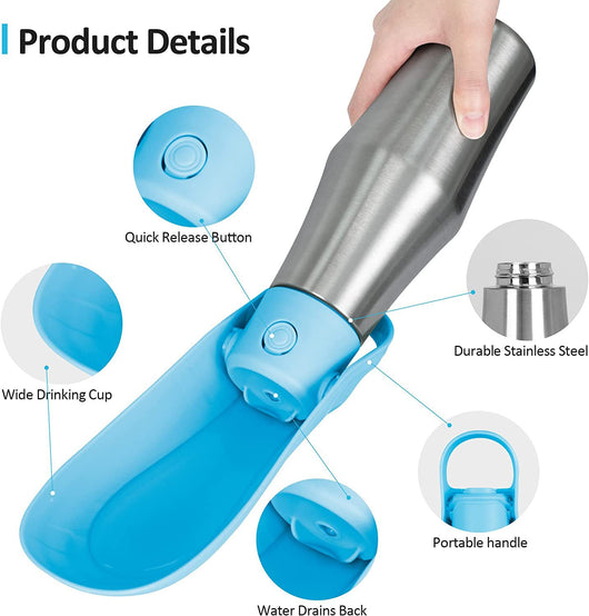 Portable pet water bottle with a stainless steel body and a gray silicone leaf-design drinking bowl and handle. - Image 12