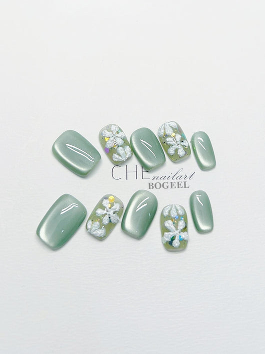 Uñas Postizas con Diseño Floral 3D - Efecto Ojo de Gato Verde - Image 19