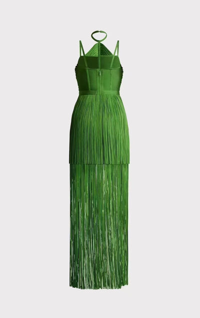 Vestido de Fiesta Verde Esmeralda con Tirantes Finos y Detalles de Borlas - Image 19