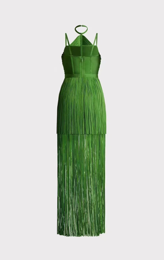 Vestido de Fiesta Verde Esmeralda con Tirantes Finos y Detalles de Borlas - Image 19