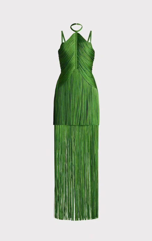 Vestido de Fiesta Verde Esmeralda con Tirantes Finos y Detalles de Borlas - Image 20