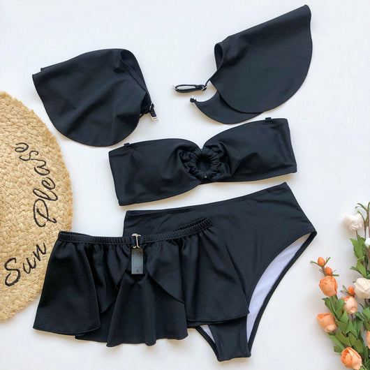 Women's red three-piece bikini flounced swimsuit with an off-shoulder bandeau top and a matching skirt. - Image 12