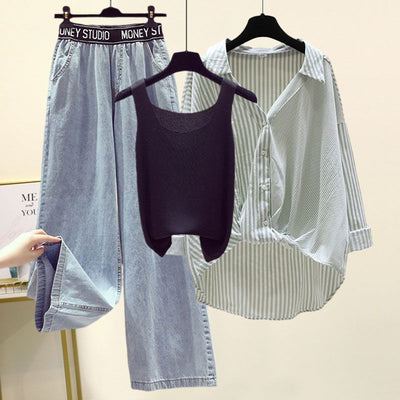 Conjunto de 3 Piezas: Camisa a Rayas, Blusa y Jeans Anchos - Image 11