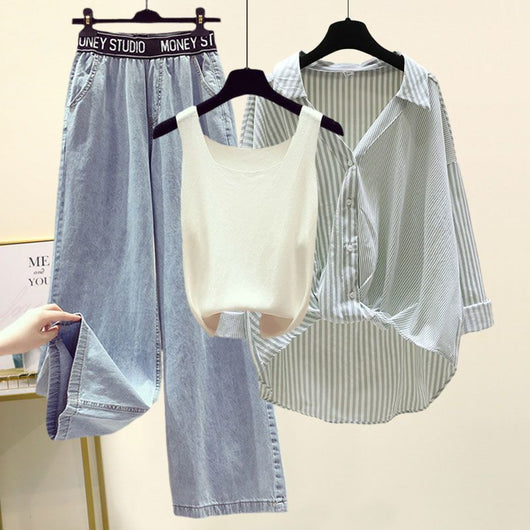 Conjunto de 3 Piezas: Camisa a Rayas, Blusa y Jeans Anchos - Image 12