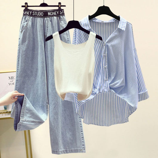 Conjunto de 3 Piezas: Camisa a Rayas, Blusa y Jeans Anchos - Image 16