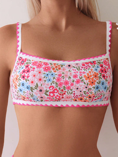 Women's floral print bikini with square neck top and high-cut bottoms, featuring white trim and pink ric-rac edges. - Image 11