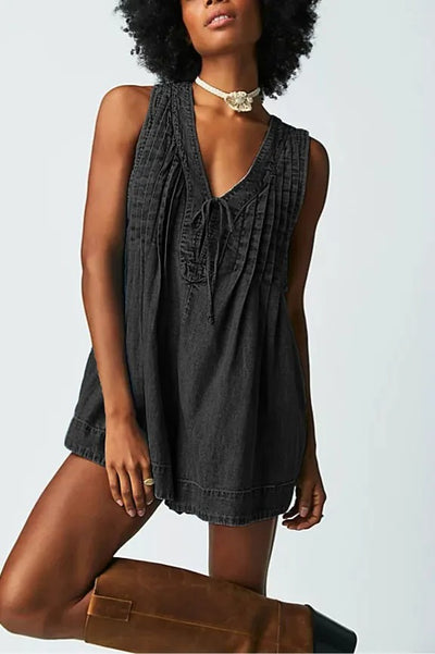 Mono Corto Denim Sin Mangas Cuello en V con Bolsillos - Estilo Playero Verano - Image 17