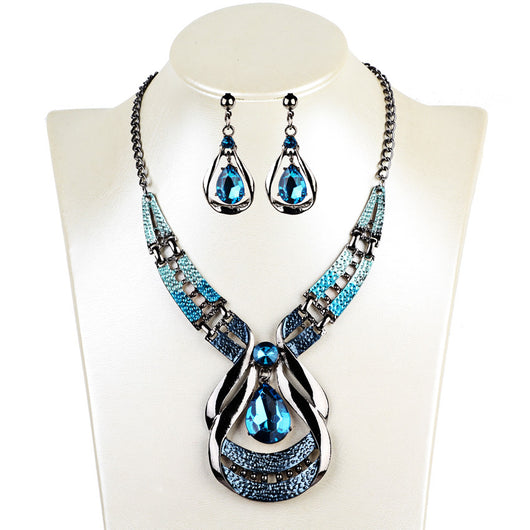 Conjunto de Joyas Vintage Azul Óleo - Collar Gota de Agua con Aretes y Cadena de Clavícula - Image 8