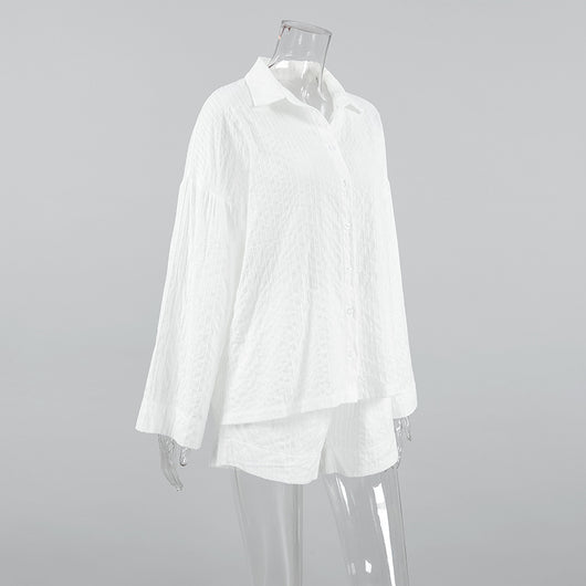 Conjunto Dos Piezas Mujer: Camisa Jacquard Blanca y Shorts - Estilo Street Fashion - Image 10