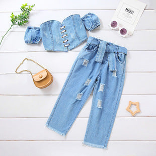 Conjunto de Shorts y Top Denim Rotos para Niñas - Image 9