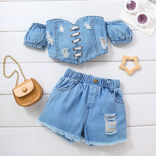 Conjunto de Shorts y Top Denim Rotos para Niñas - Image 10