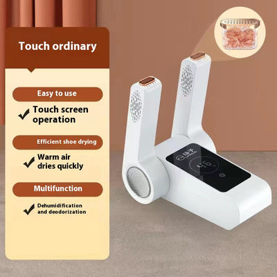 White household shoe dryer with retractable arms, digital display, and control knob, on a light wood floor. - Image 23