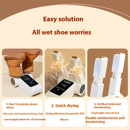 White household shoe dryer with retractable arms, digital display, and control knob, on a light wood floor. - Image 24
