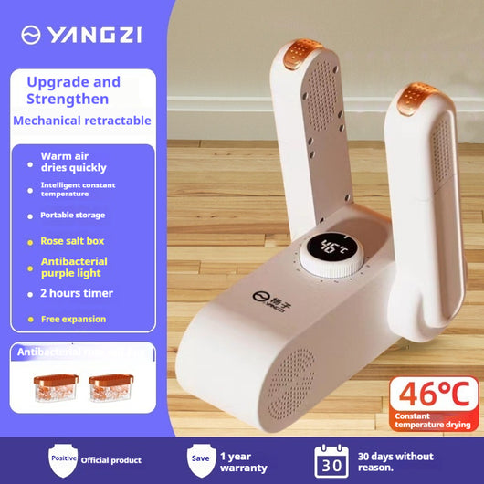 White household shoe dryer with retractable arms, digital display, and control knob, on a light wood floor. - Image 26