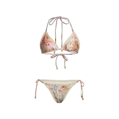 Women's green and pink floral bikini suit with matching sarong. Halter triangle top, tie-side bottoms, and wrap skirt. - Image 12