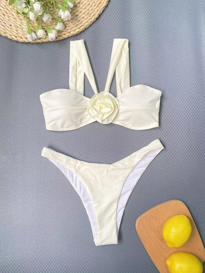 Cream ruched swim skirt for women, featuring a 3D flower embellishment at the bottom hem. - Image 23