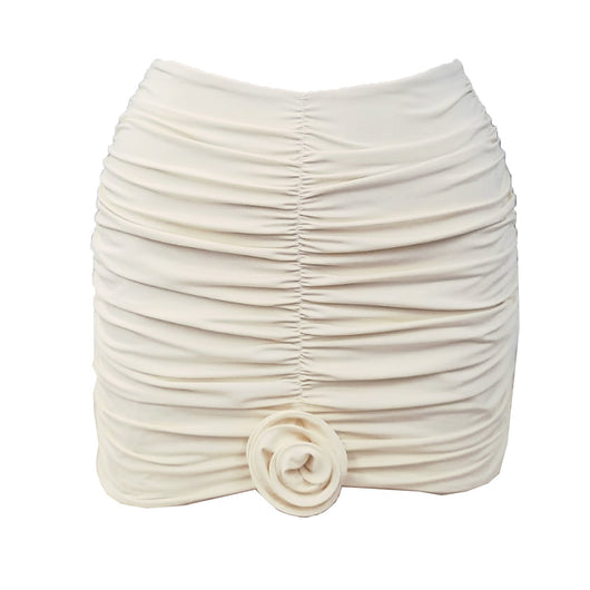 Cream ruched swim skirt for women, featuring a 3D flower embellishment at the bottom hem. - Image 25
