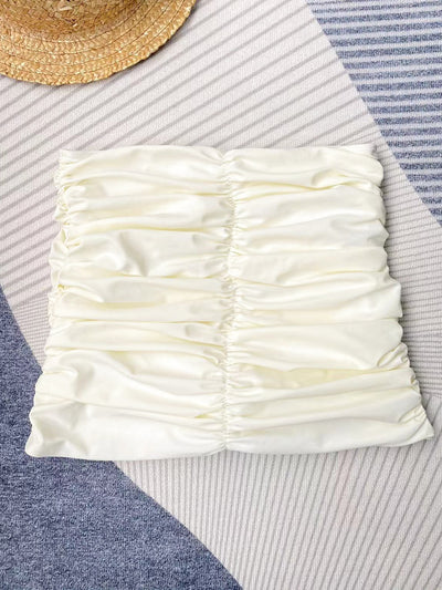 Cream ruched swim skirt for women, featuring a 3D flower embellishment at the bottom hem. - Image 28