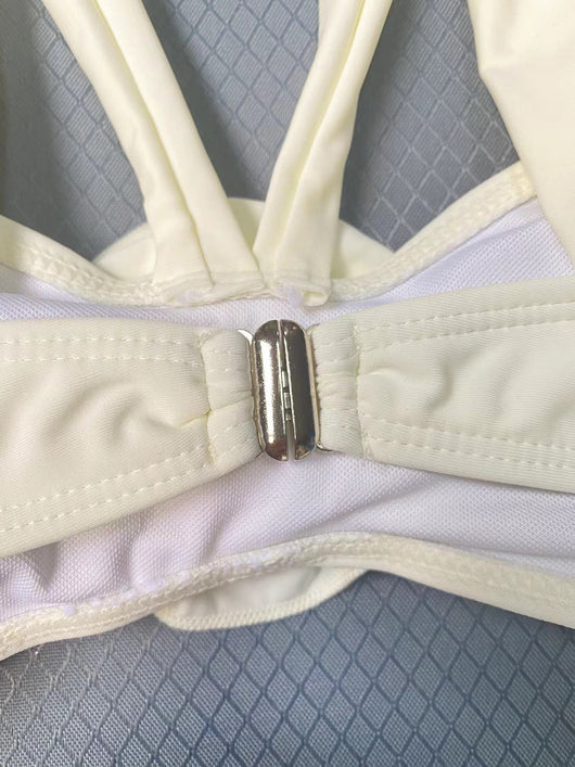 Cream ruched swim skirt for women, featuring a 3D flower embellishment at the bottom hem. - Image 30