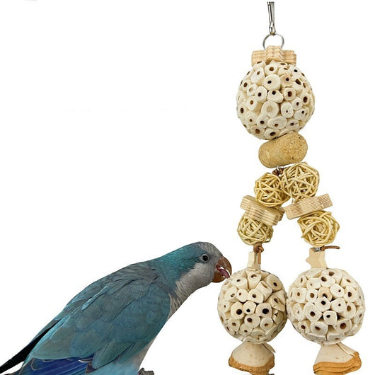 Set of 5 natural wood and rattan bird chewing toys with stars, balls, and flower shapes for parrots. - Image 27