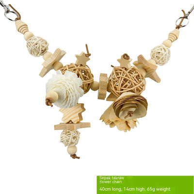 Set of 5 natural wood and rattan bird chewing toys with stars, balls, and flower shapes for parrots. - Image 28