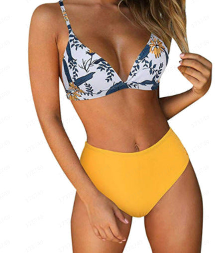 Navy blue bikini with a solid triangle top and high-waisted bottoms featuring a white and blue floral print. - Image 21