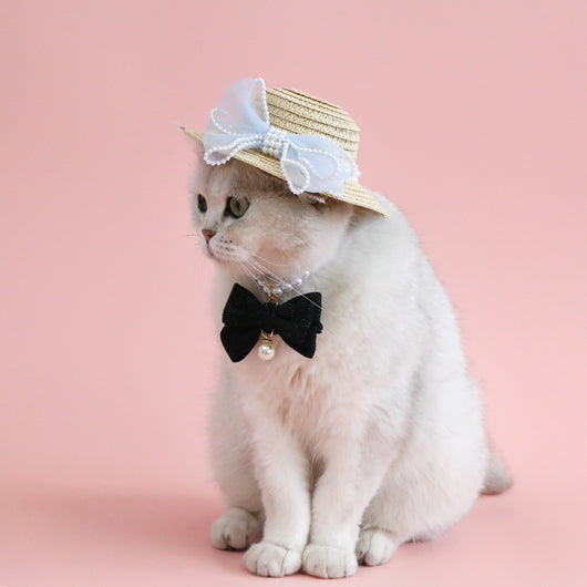 Sombrero de Paja Tejido para Gatos con Moño de Perlas - Image 15