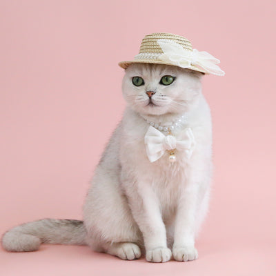 Sombrero de Paja Tejido para Gatos con Moño de Perlas - Image 22