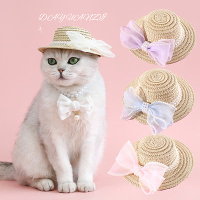 Sombrero de Paja Tejido para Gatos con Moño de Perlas - Image 23