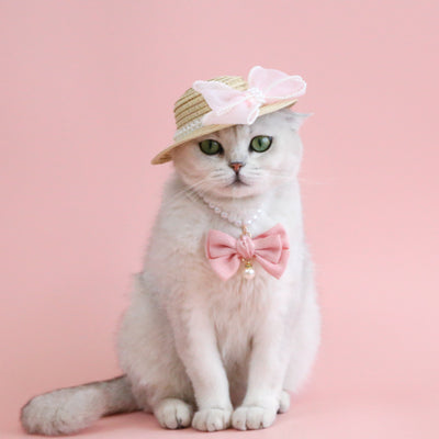 Sombrero de Paja Tejido para Gatos con Moño de Perlas - Image 27