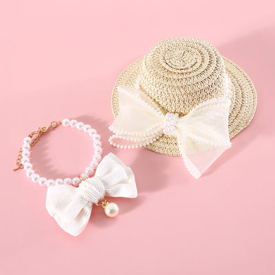 Sombrero de Paja Tejido para Gatos con Moño de Perlas - Image 28