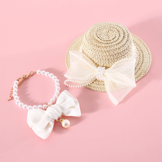 Sombrero de Paja Tejido para Gatos con Moño de Perlas - Image 28