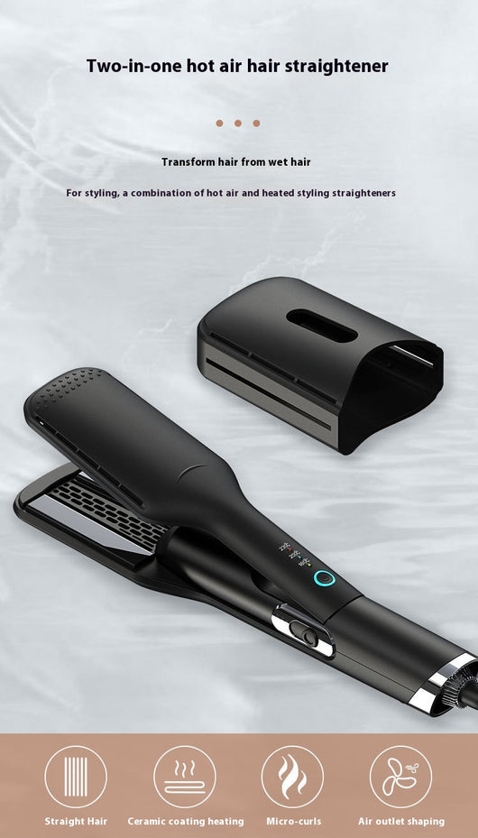 Black two-in-one hot air hair curler and straightener with a protective cap, temperature settings, and power button. - Image 9
