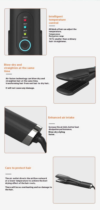 Black two-in-one hot air hair curler and straightener with a protective cap, temperature settings, and power button. - Image 13